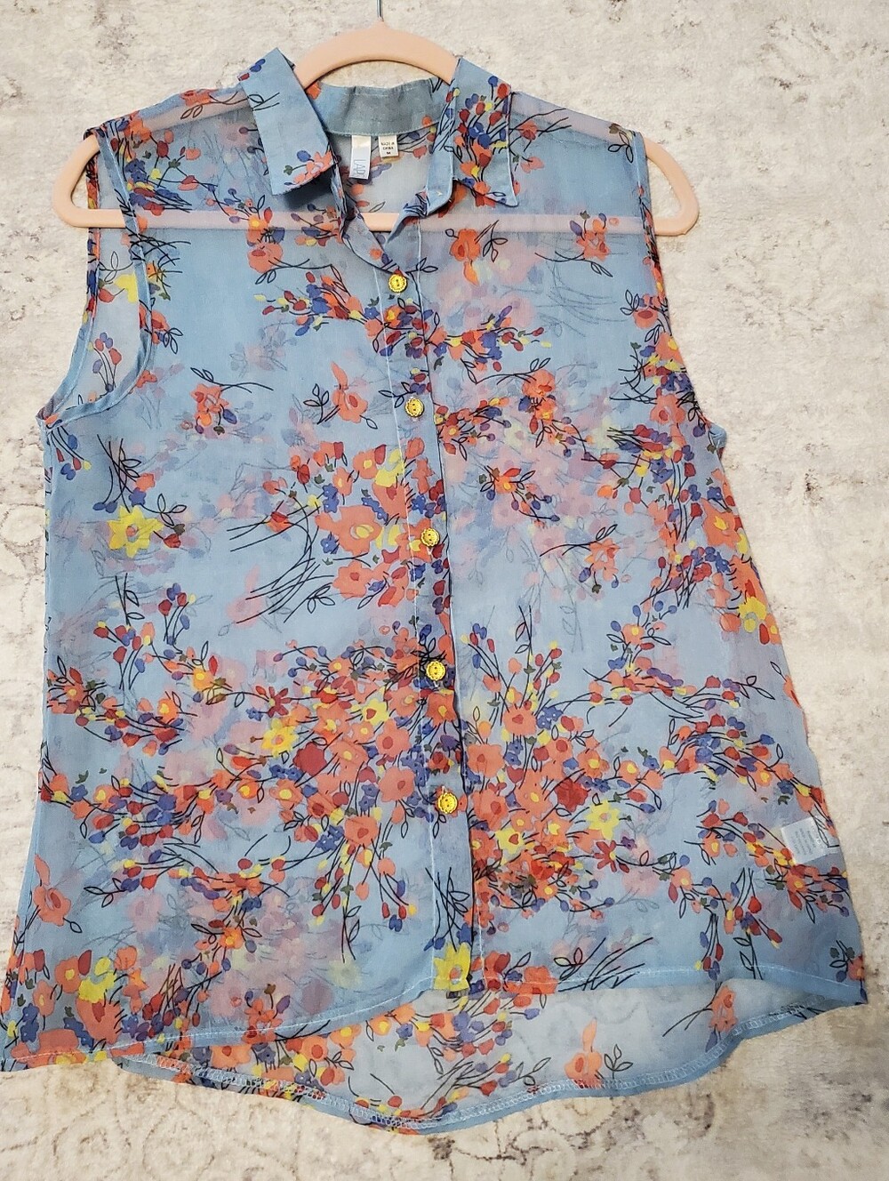 Women's M Semi-Sheer Floral Button-down Sleeveless Top